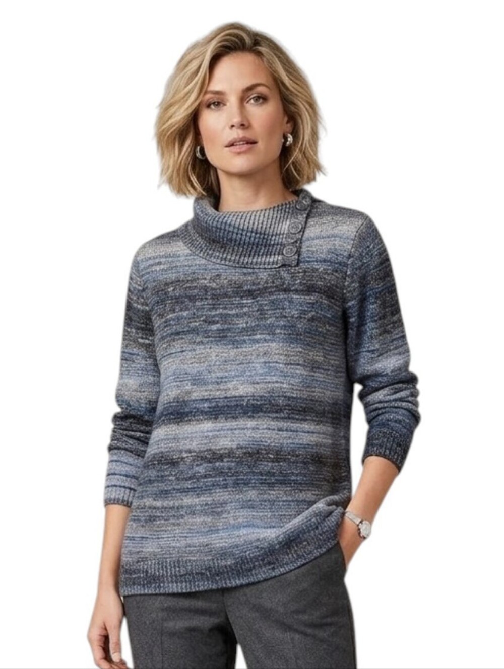 CJ BANKS Sweater Size X 14W Blue Gray Ribbed Split Cowl Neck Heathered Plus Size